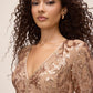 Antique Gold Floral Sequin Mesh Dress - Close-up Fabric Detail - Le Chateau