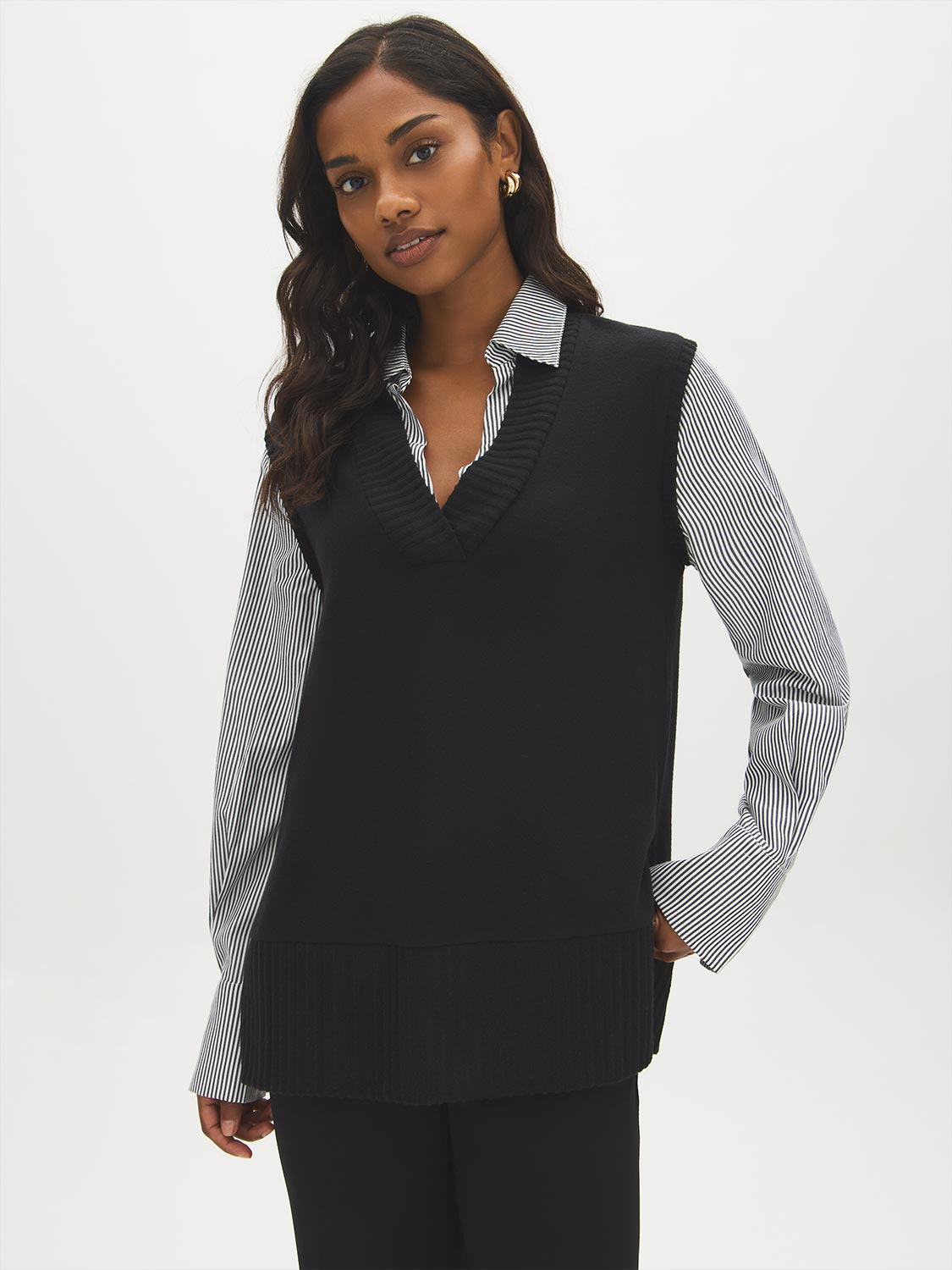 Jet Black Striped Poplin 2fer Knit Top - Woman Wearing Layered Look Knit Top - Suzy Shier