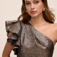 Antique Gold Jacquard One-Shoulder Ruffle Ballgown - Close-up Shoulder Detail - Le Chateau