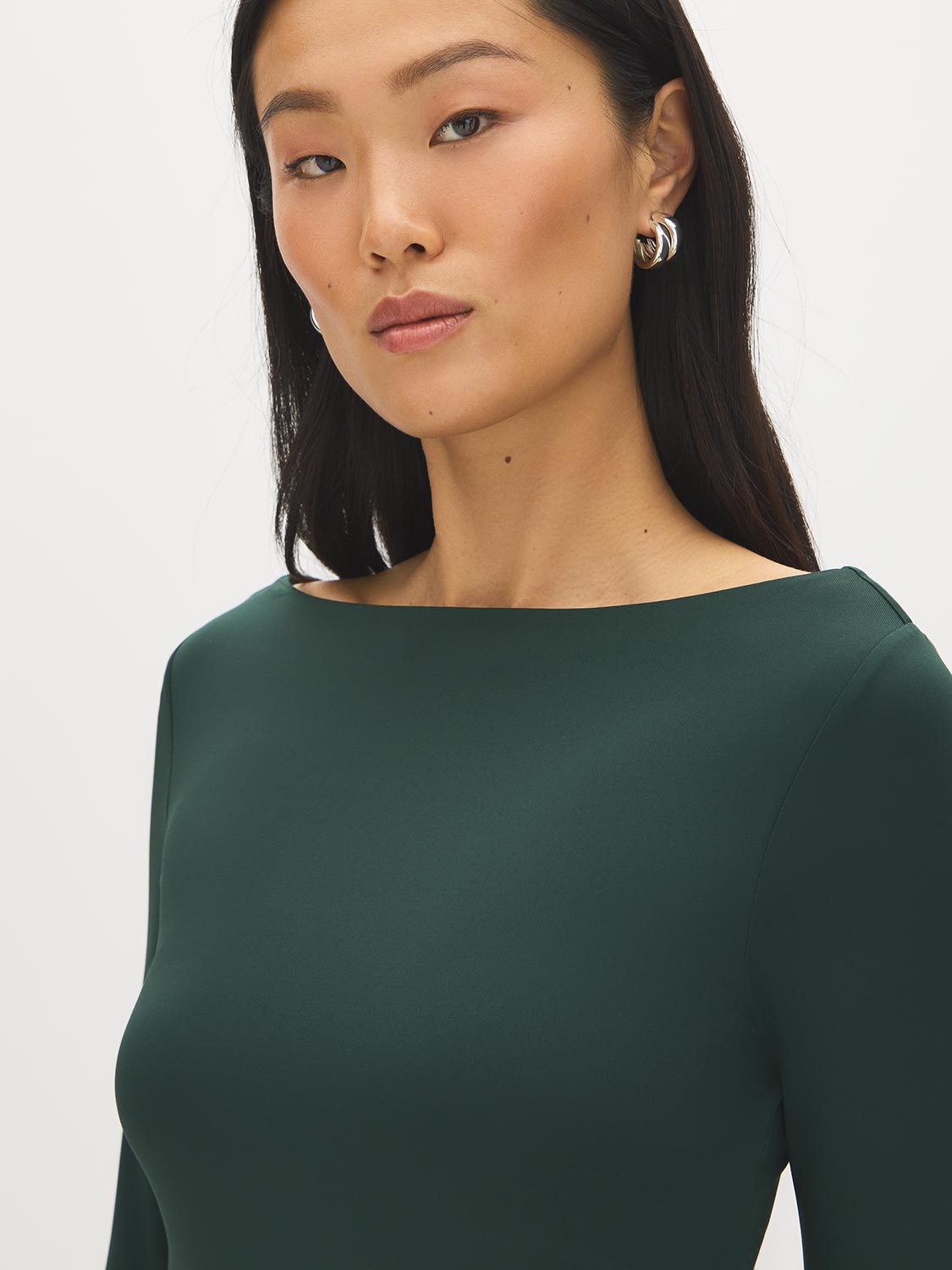 Jet Black Double Layer Boat Neck Top - Close-up Neckline Detail - Suzy Shier