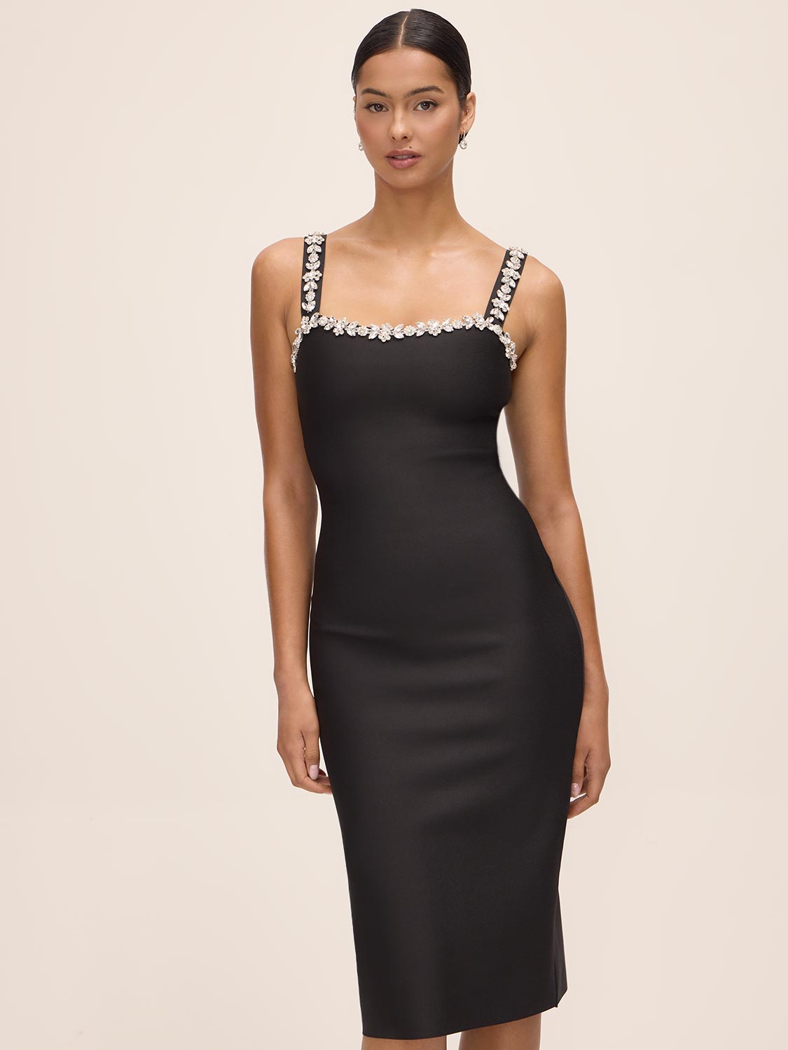 Black Square Neck Bandage Sheath Dress with Jewel Trim - Front View - Le Chateau