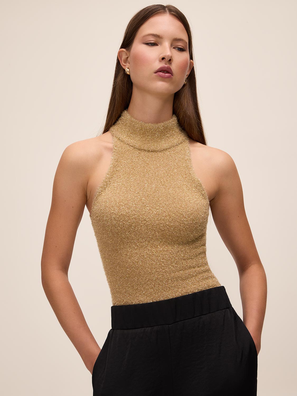 Gold Sleeveless Tinsel Lurex Knit Sweater - Front View - Le Chateau