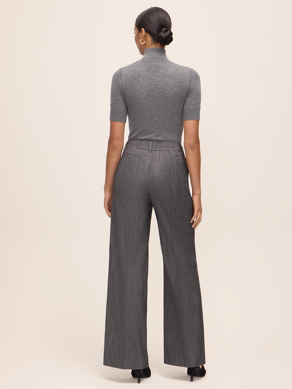 Charcoal Herringbone Wide Leg Pant - Back View - Le Chateau