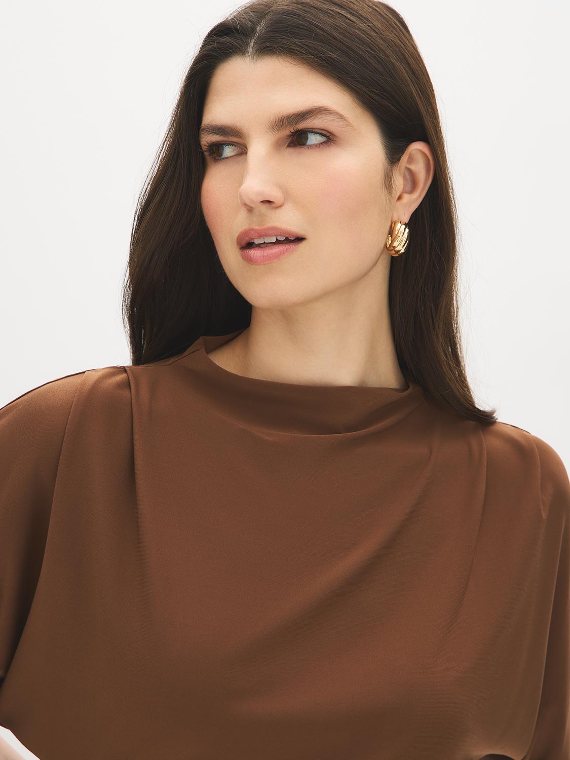 Bison Funnel Neck Knit Top with Kimono Sleeves - Close-up Fabric Detail - Suzy Shier