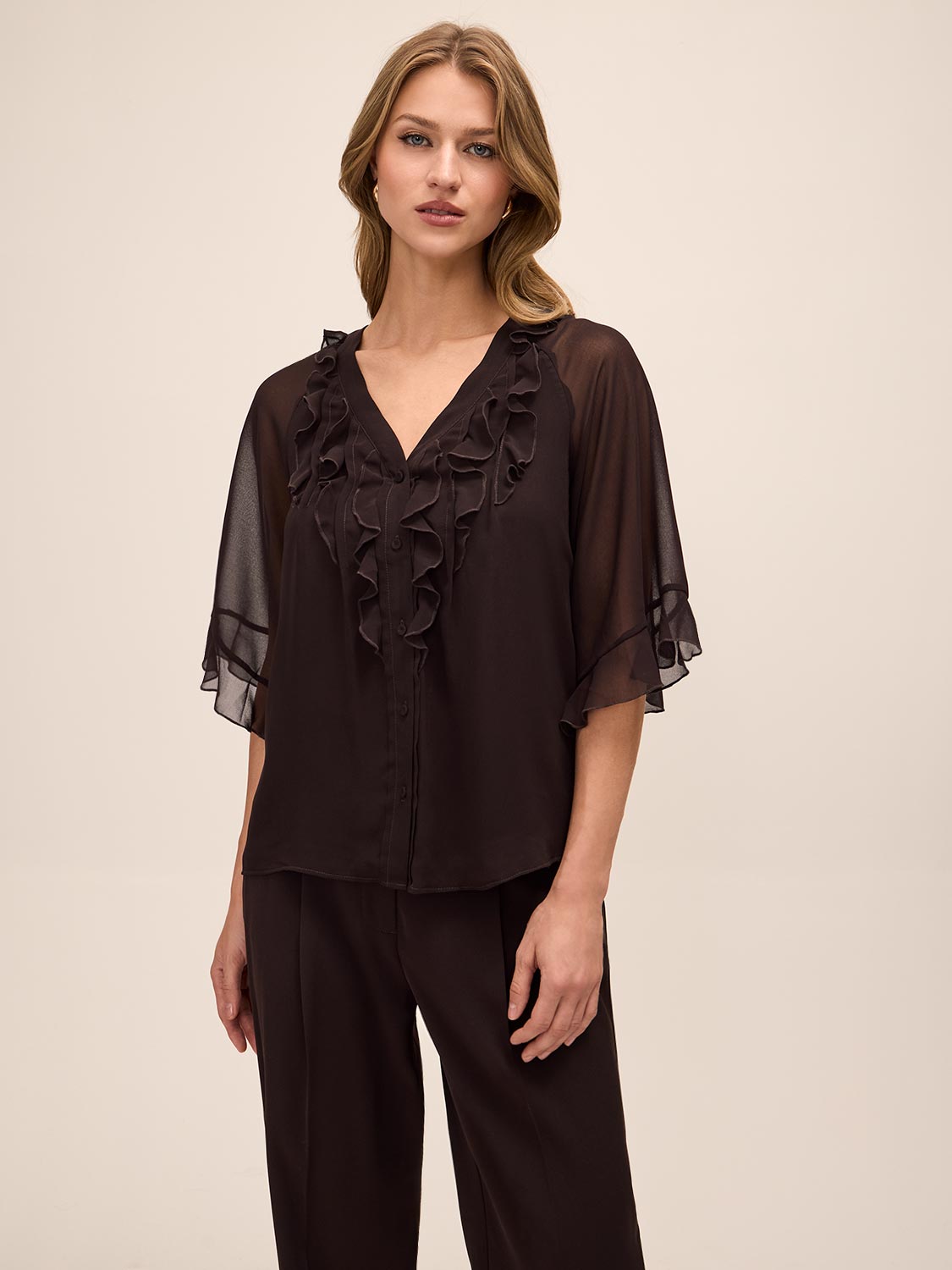 Chestnut Ruffle Short Sleeve Blouse - Full Front View - Le Chateau