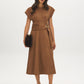 Bison Faux Suede Midi Dress with Hardware Detail - Woman Wearing Boat Neck Dress - Suzy Shier
