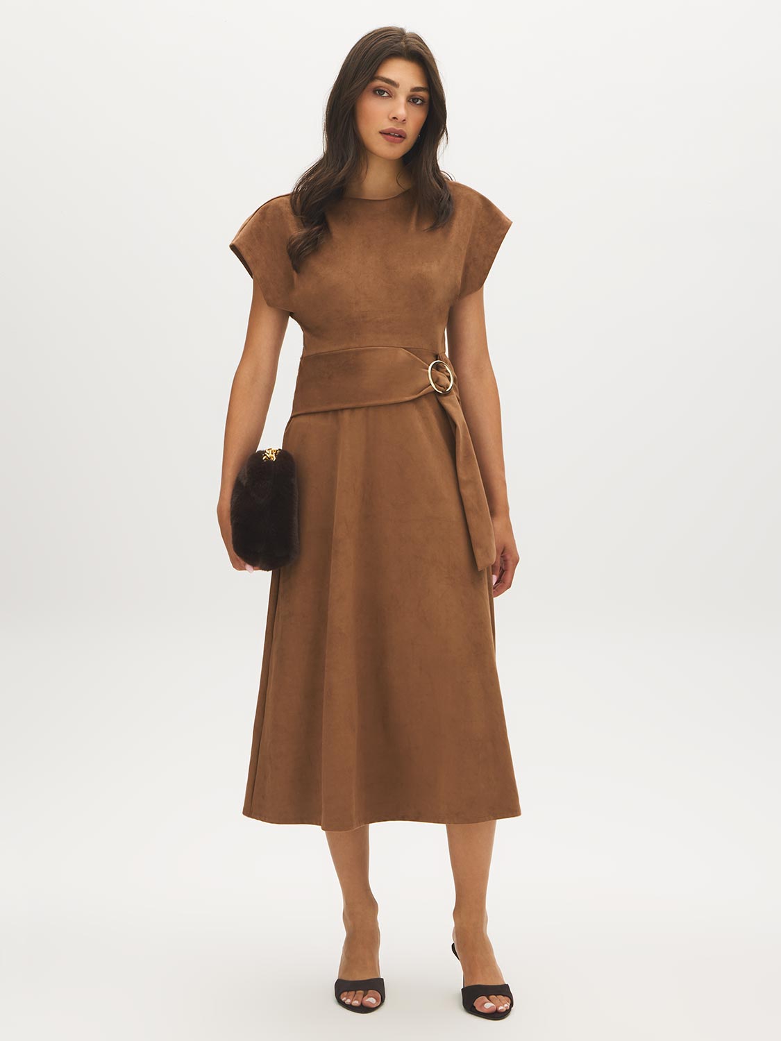 Bison Faux Suede Midi Dress with Hardware Detail - Woman Wearing Boat Neck Dress - Suzy Shier