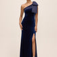 Midnight Blue One Shoulder Velour Gown with Satin Bow - Woman Wearing Elegant Evening Dress - Le Chateau