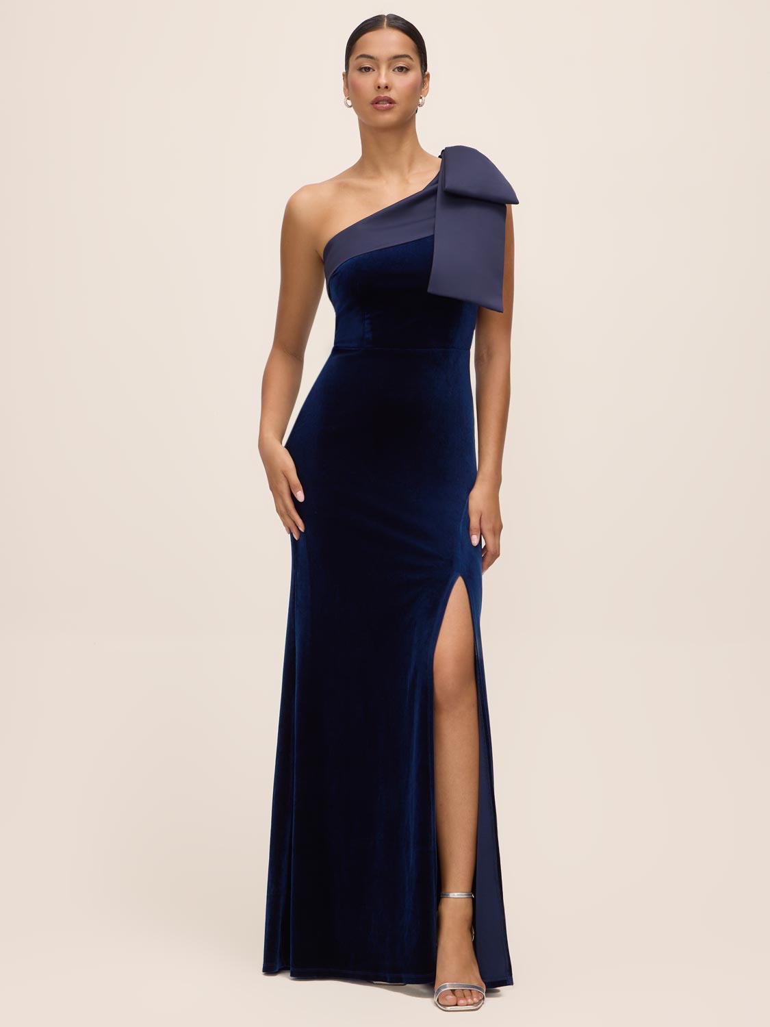 Midnight Blue One Shoulder Velour Gown with Satin Bow - Woman Wearing Elegant Evening Dress - Le Chateau