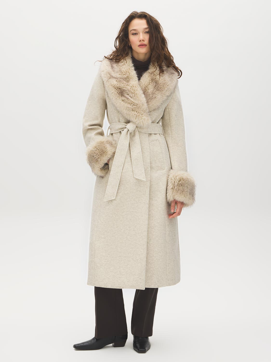 Dark Brown Melange Long Belted Faux Wool Coat - Front View - Suzy Shier