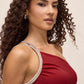 Red One-Shoulder Midi Dress with Rhinestone Trim - Close-up Shoulder Detail - Le Chateau