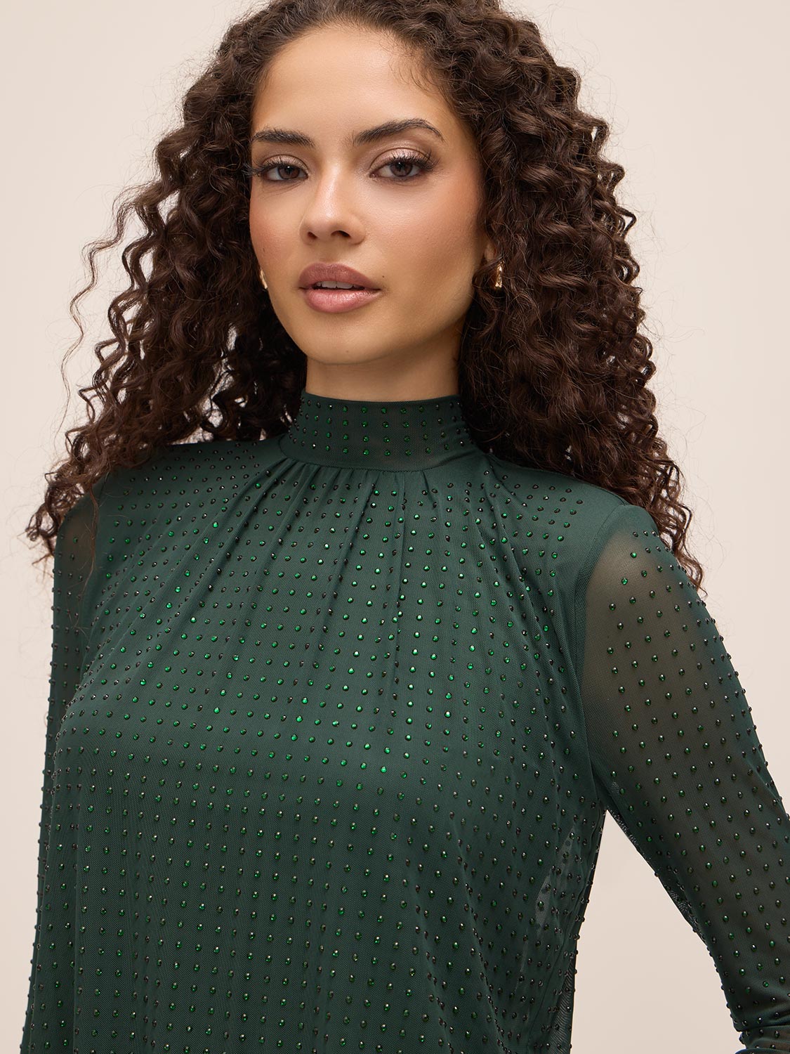 Dark Emerald Rhinestone Embellished Knit Top - Close-up Fabric Detail - Le Chateau