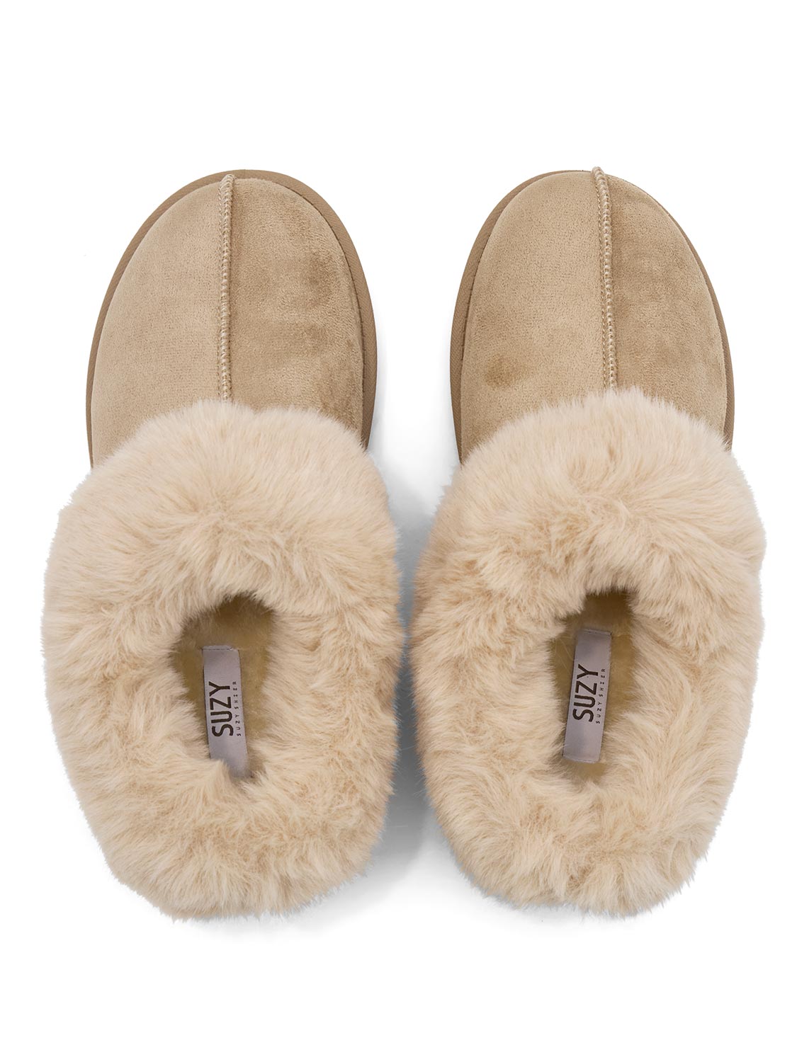 Light Mocha Faux Suede Slippers with Faux Fur Insole - Top View - Suzy Shier