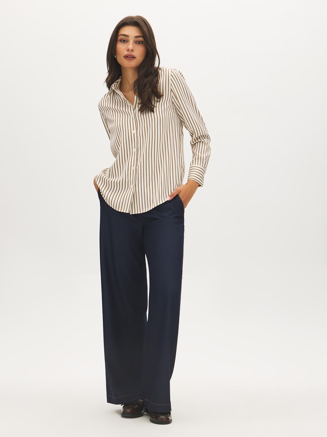 Winter White and Bison Stripe Twill Oversized Blouse - Front View - Suzy Shier