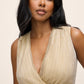 Gold Metallic Lurex Knit Mini Dress - Close-up Neckline Detail - Le Chateau