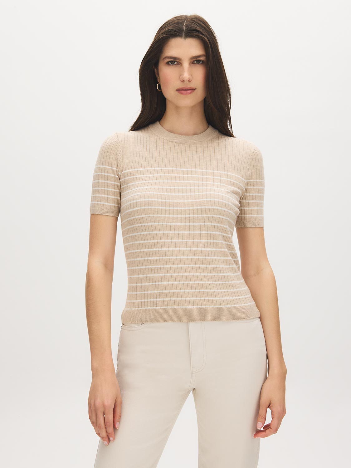 Porridge Melange Stripe Rib Knit Sweater - Woman Wearing Short Sleeve Crew Neck - Suzy Shier