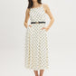 Snow White Polka Dot Flowy Midi Dress - Woman Wearing Spaghetti Strap Dress with Belt - Suzy Shier