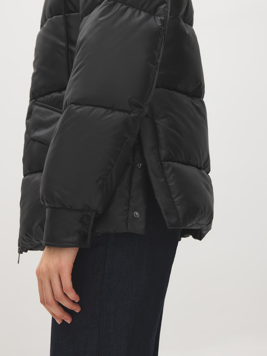 Black Mid-Length Quilted Puffer with Hood - Side Profile View - Suzy Shier
