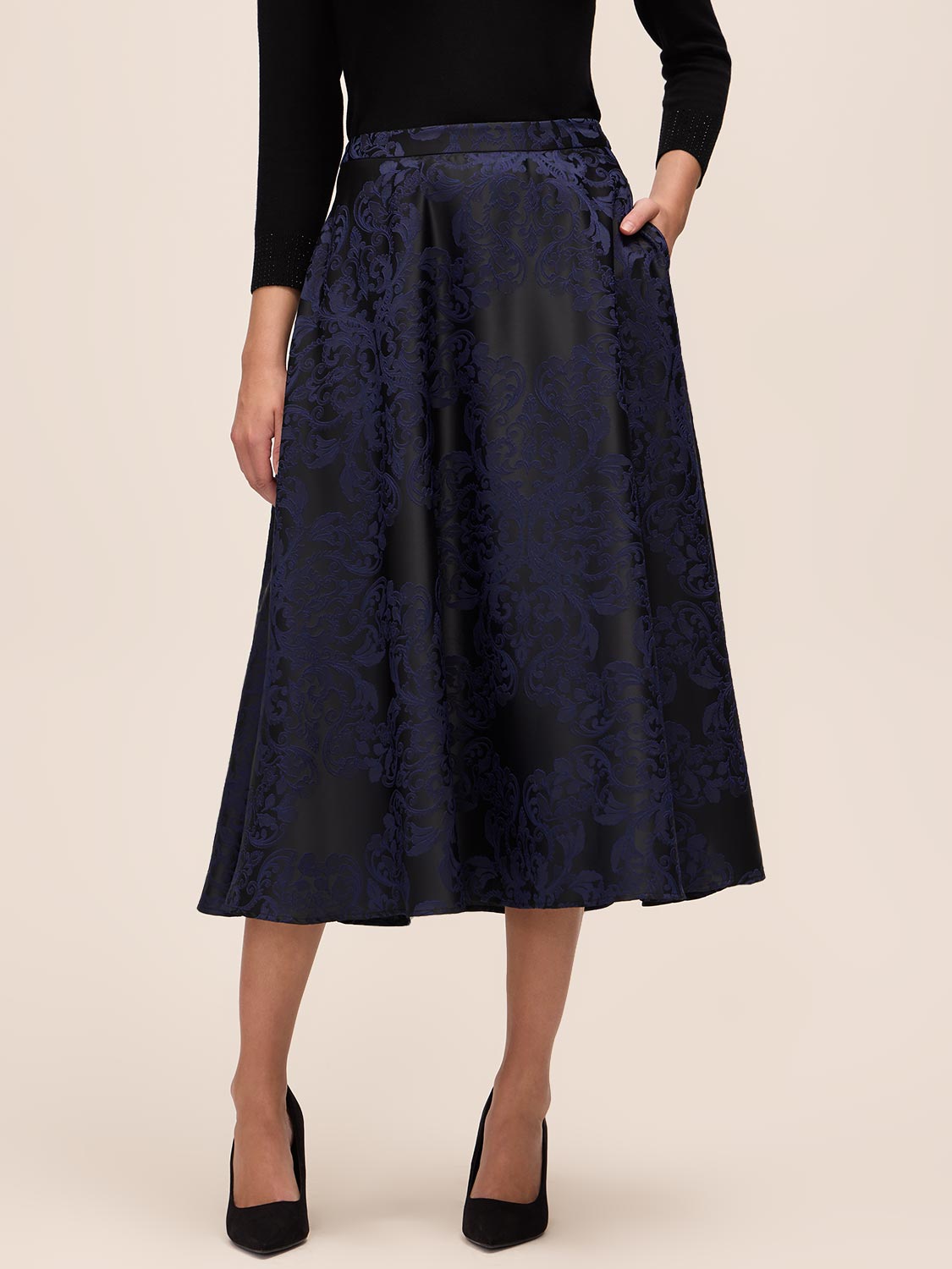 Sapphire/Black Baroque Jacquard Flared Skirt - Pocket Detail - Le Chateau