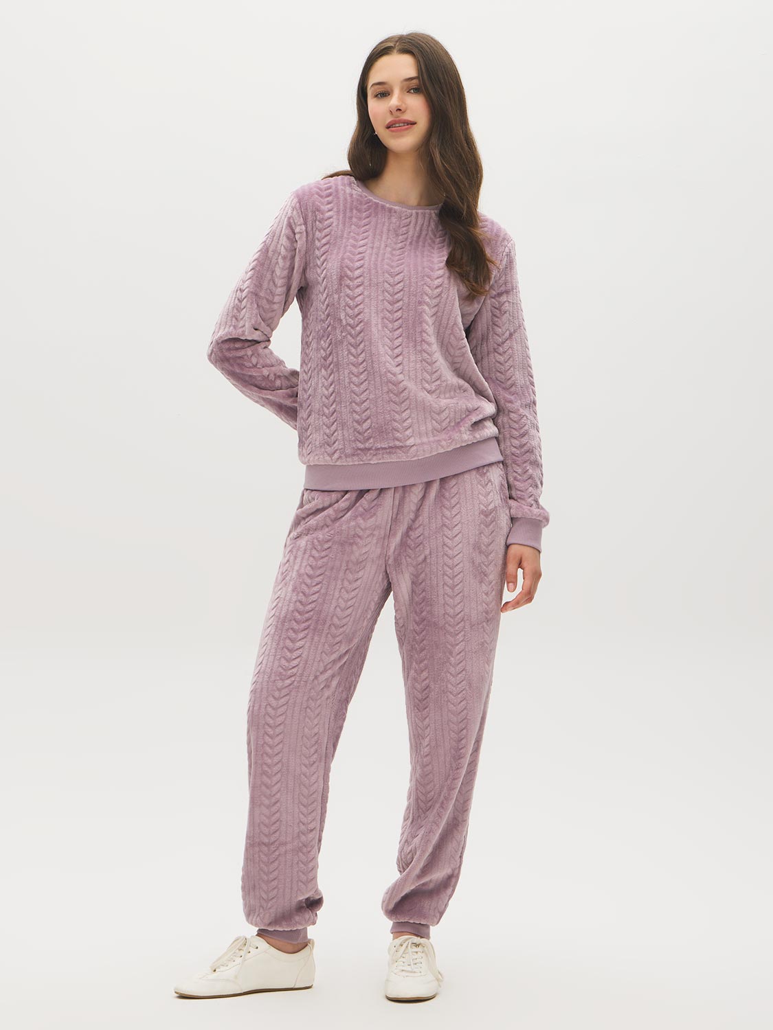 Lalic Braid Pattern PJ Set - Woman Wearing Soft Plush Pajamas - Suzy Shier
