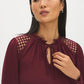 Zinfandel Balloon Sleeve Knit Top with Crochet Shoulders - Close-up Crochet Detail - Suzy Shier
