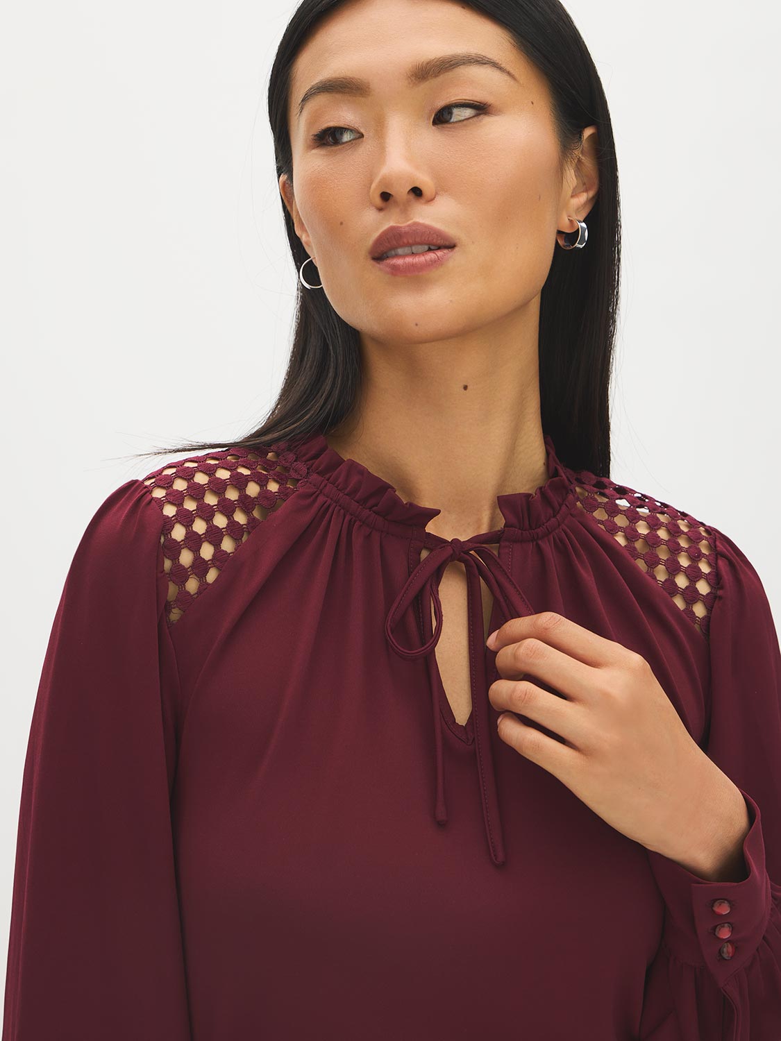 Zinfandel Balloon Sleeve Knit Top with Crochet Shoulders - Close-up Crochet Detail - Suzy Shier