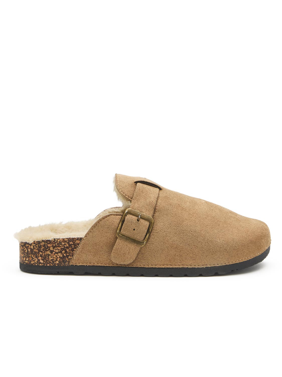 Black Faux Suede Clog with Sherpa Lining - Side Profile View - Suzy Shier