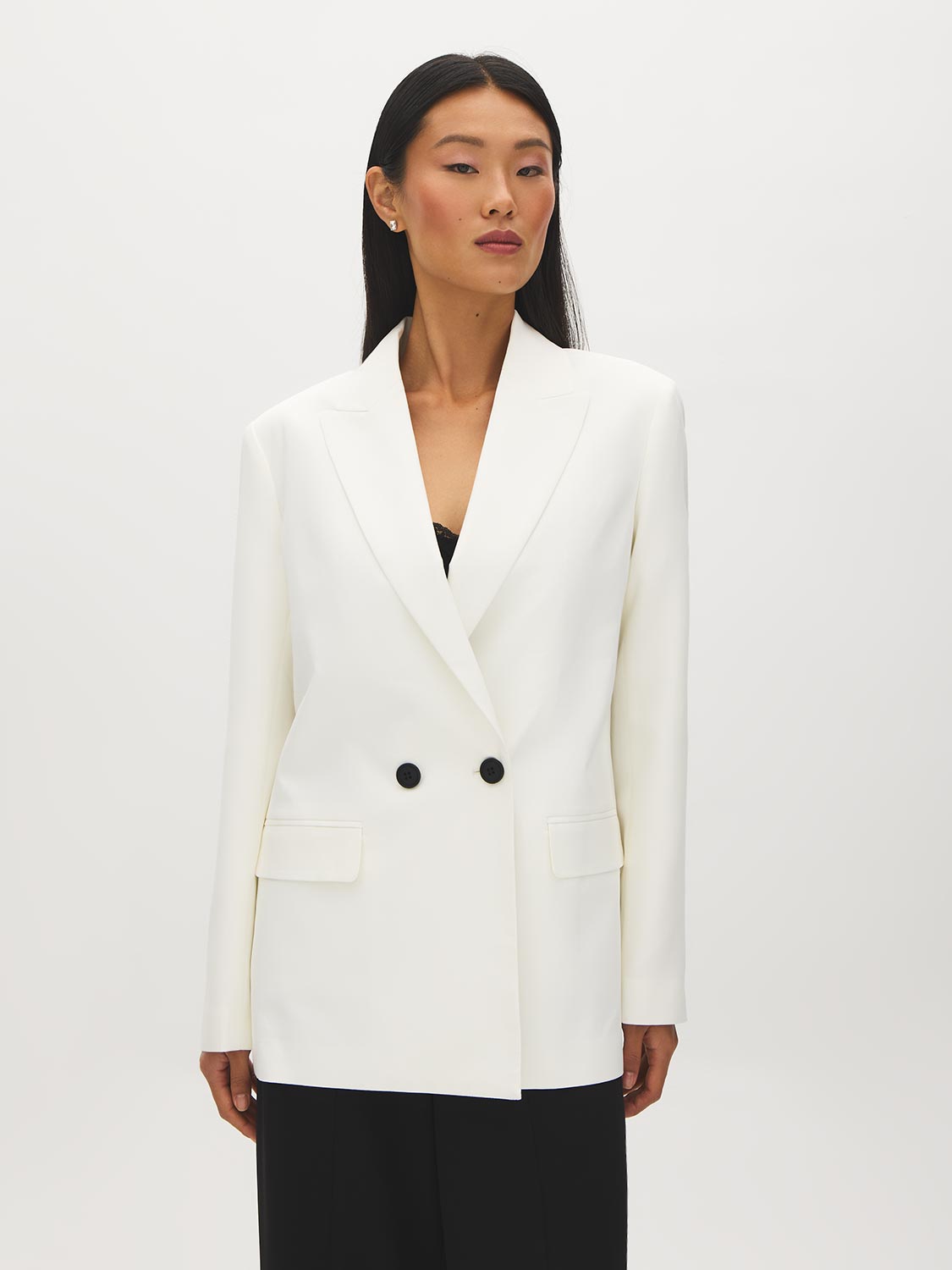 Off White Double-Breasted Blazer with Notch Collar - Woman Wearing Tailored Woven Blazer - Suzy Shier