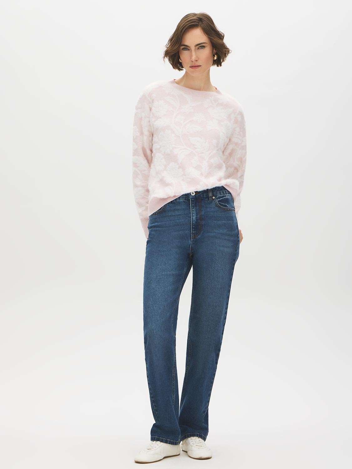 Blush Combo Two-Tone Jacquard Fuzzy Sweater - Front View - Suzy Shier