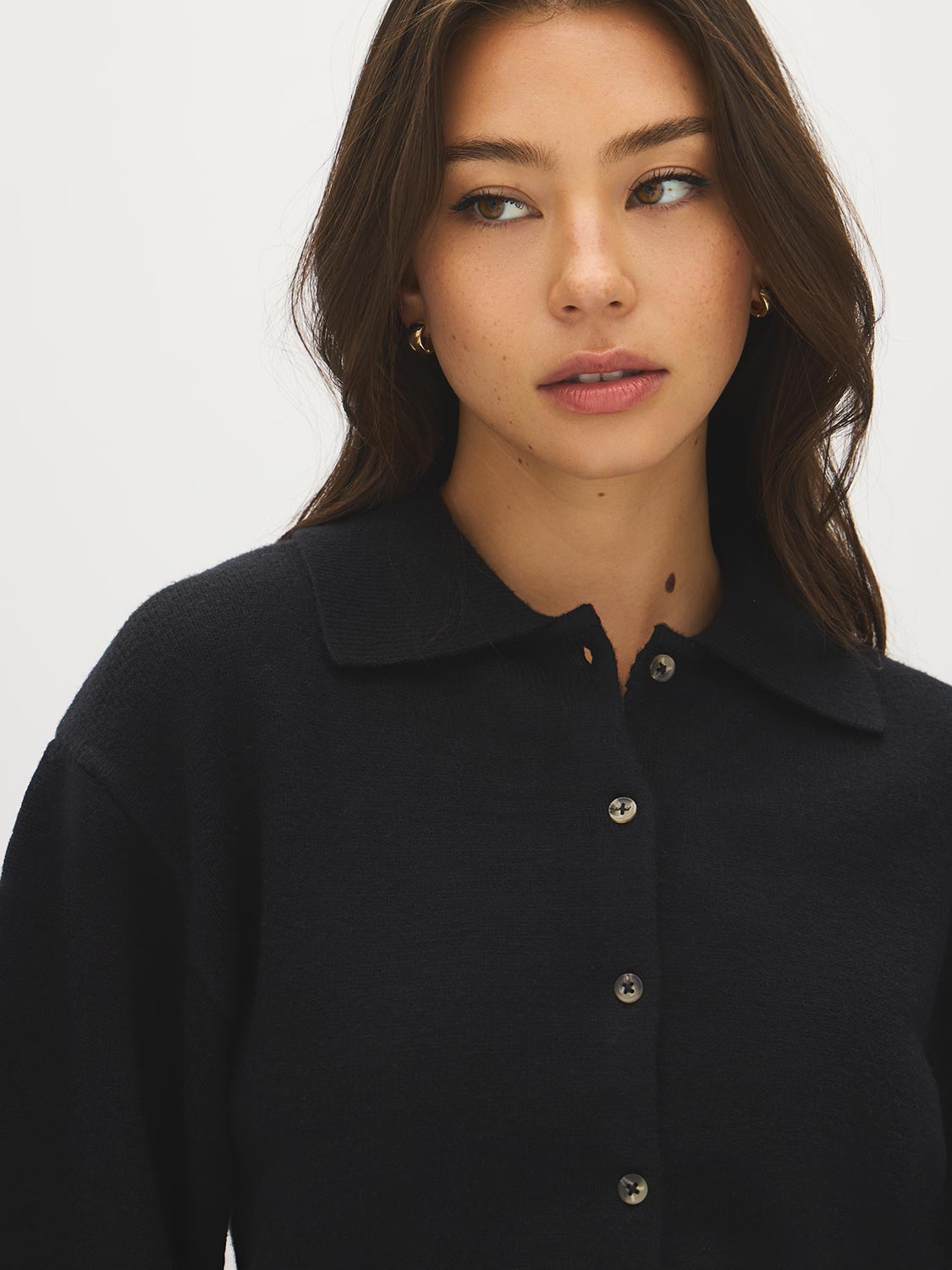 Black Button-Front Knit Sweater with Collar - Collar Detail - Suzy Shier