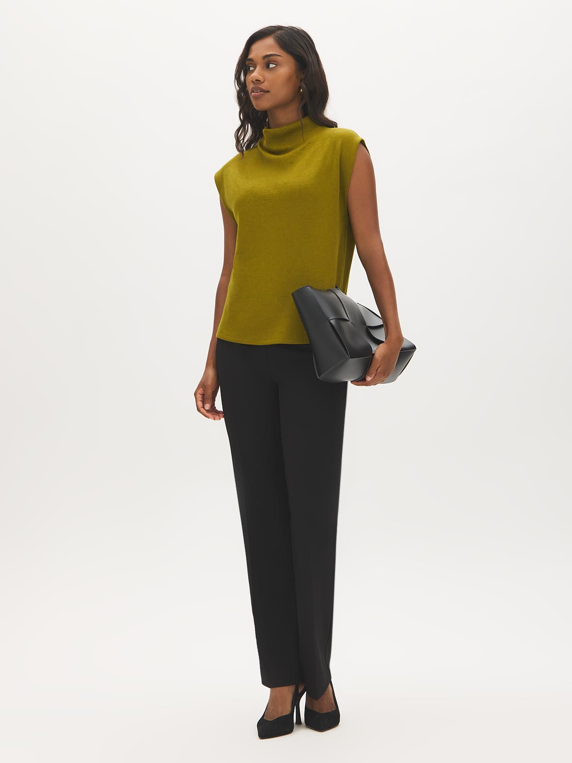 Guacamole Sleeveless Mock Neck Sweater Knit Top - Front View - Suzy Shier