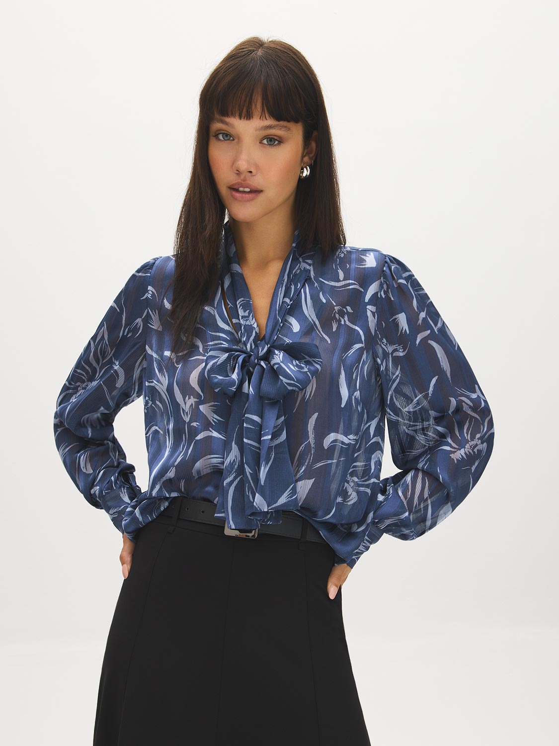 Oceana Printed Pussy Bow Blouse - Front Close-up View - Suzy Shier