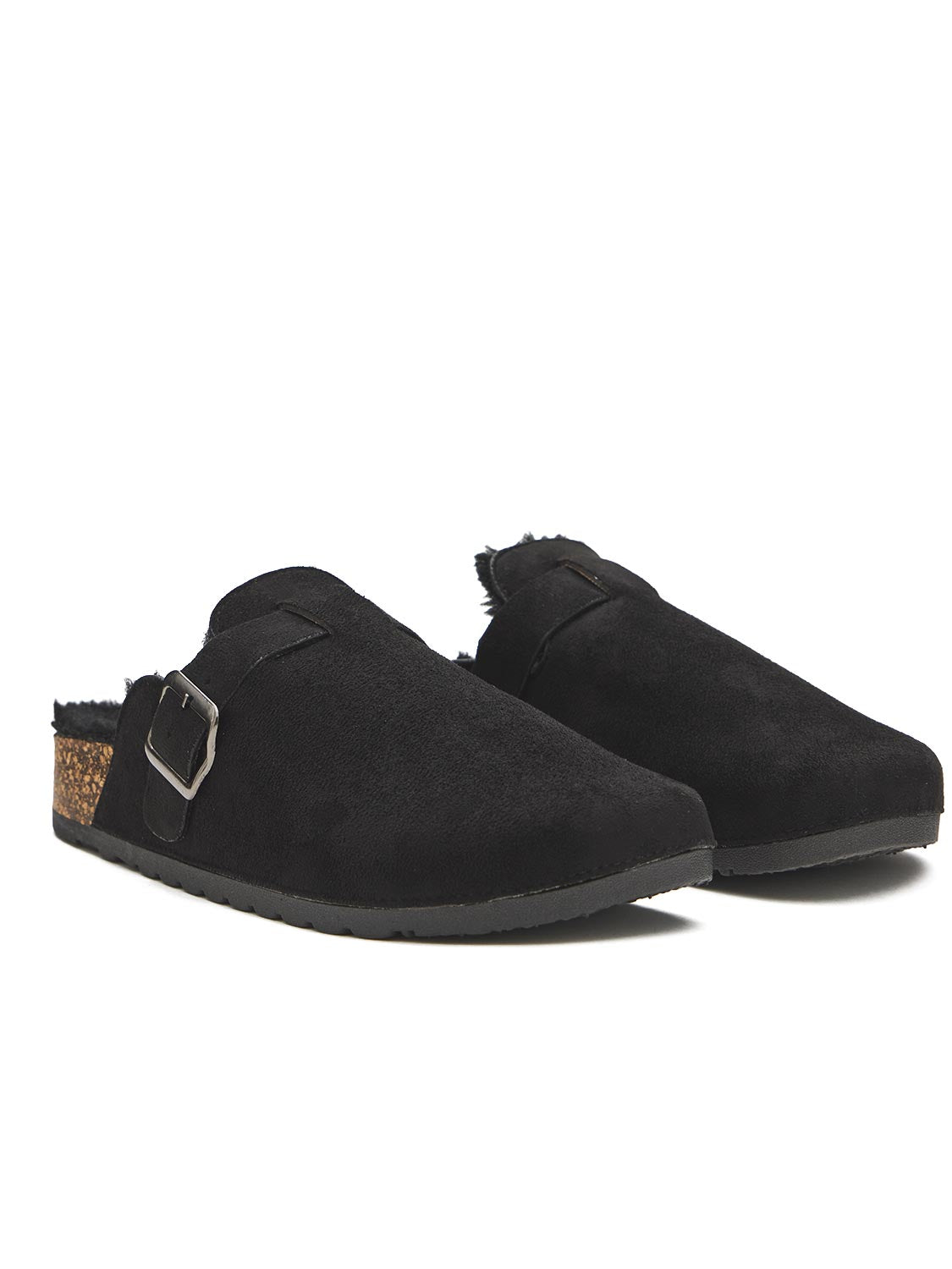 Black Faux Suede Clog with Sherpa Lining - Front Angle View - Suzy Shier