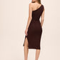 Chocolate One-Shoulder Sheath Dress with Heat Transfer Studs - Back View - Le Chateau