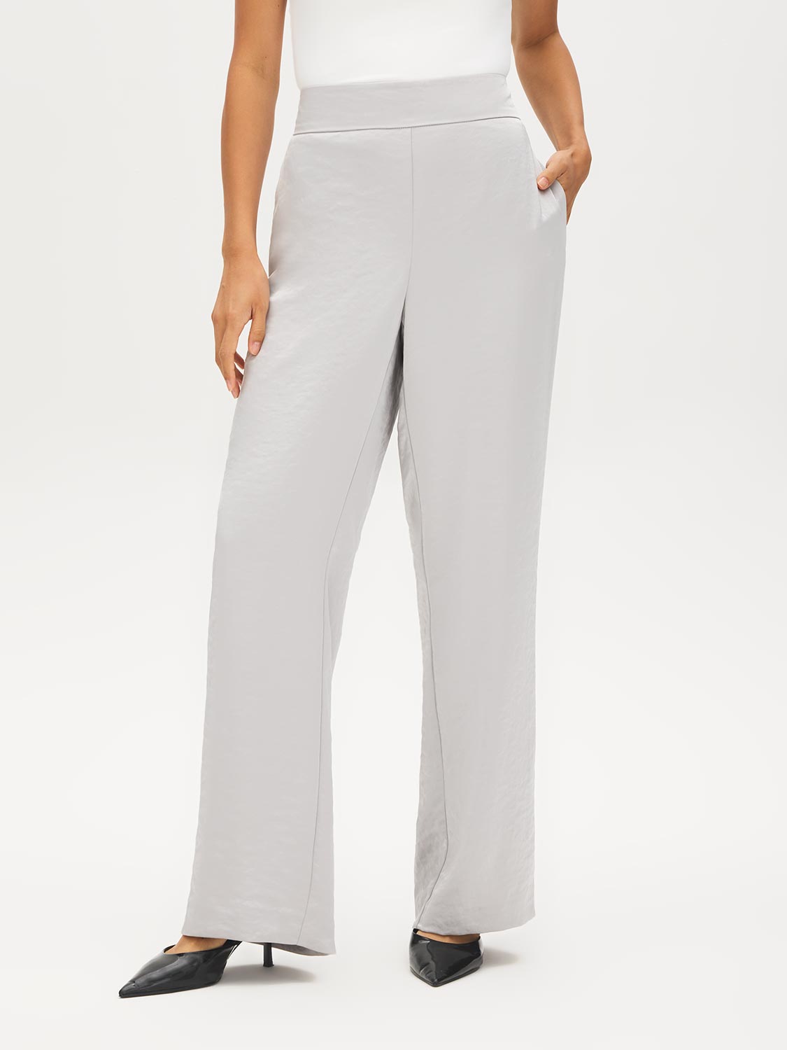 Silver High-Rise Wide-Leg Pull-On Pants - Front View - Suzy Shier