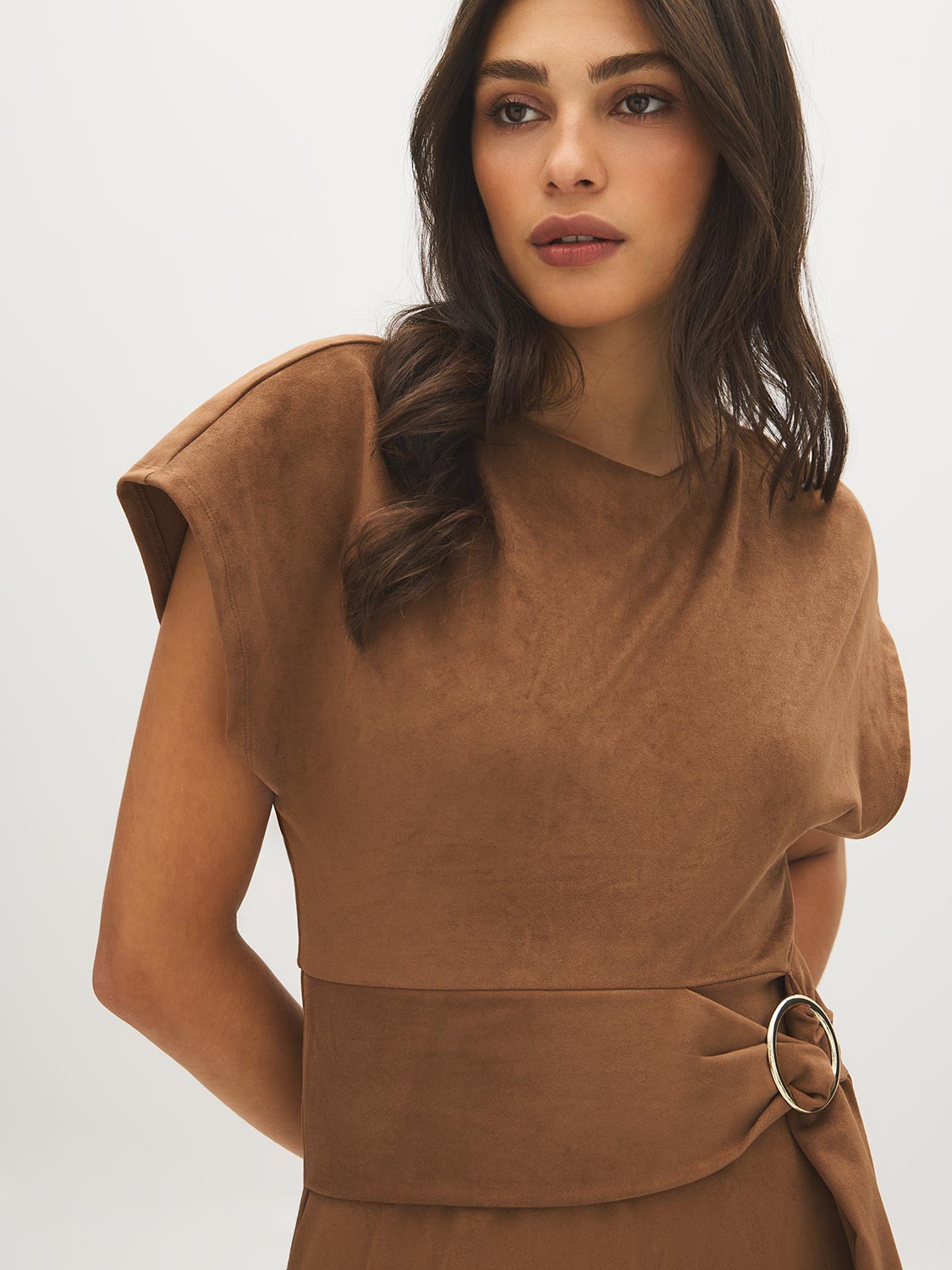 Bison Faux Suede Midi Dress with Hardware Detail - Close-up Fabric Detail - Suzy Shier