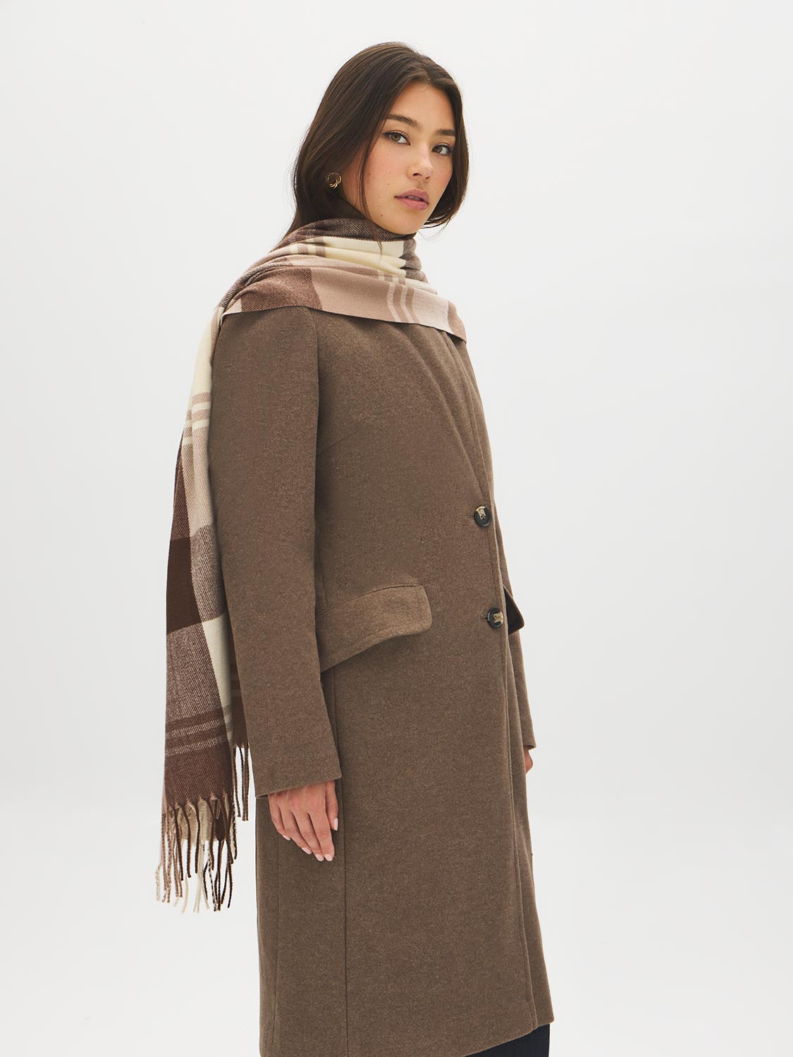 Brown/Beige Plaid Scarf with Fringes - Close-up of Textured Fringe Detail - Suzy Shier