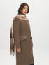 Brown/Beige Plaid Scarf with Fringes - Close-up of Textured Fringe Detail - Suzy Shier