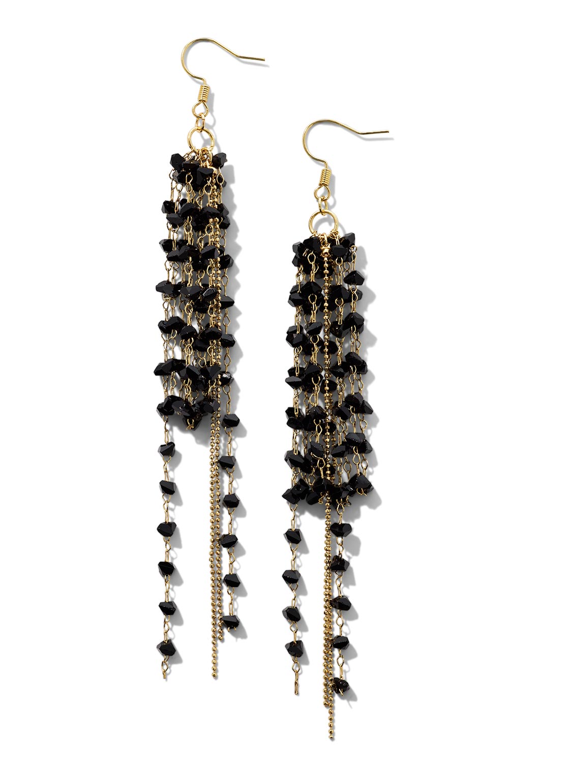 Black Gold Gem Tassel Earrings - Close-Up View - Suzy Shier