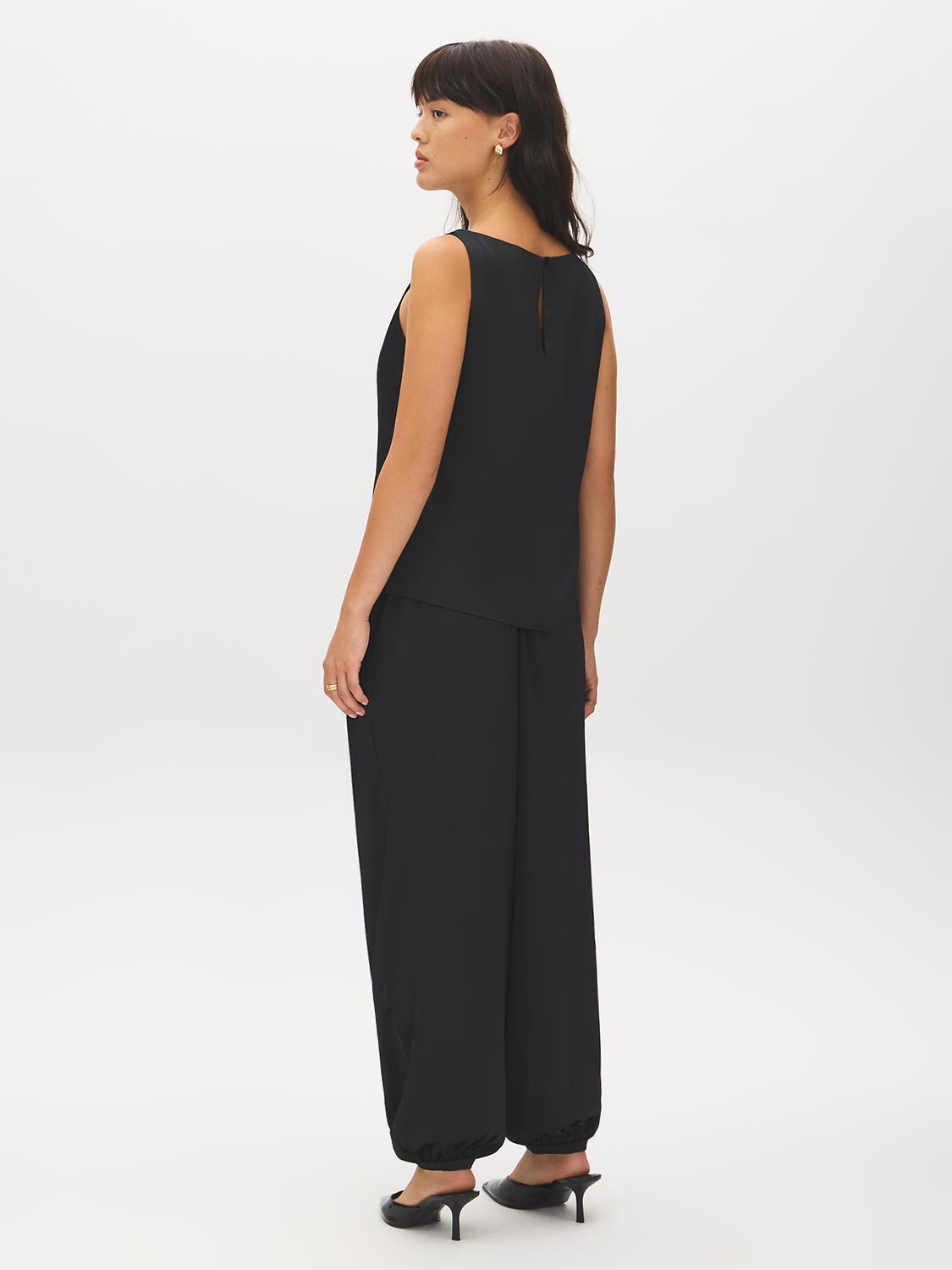 Black Crinkle Satin Draped Halter Top - Back View - Suzy Shier