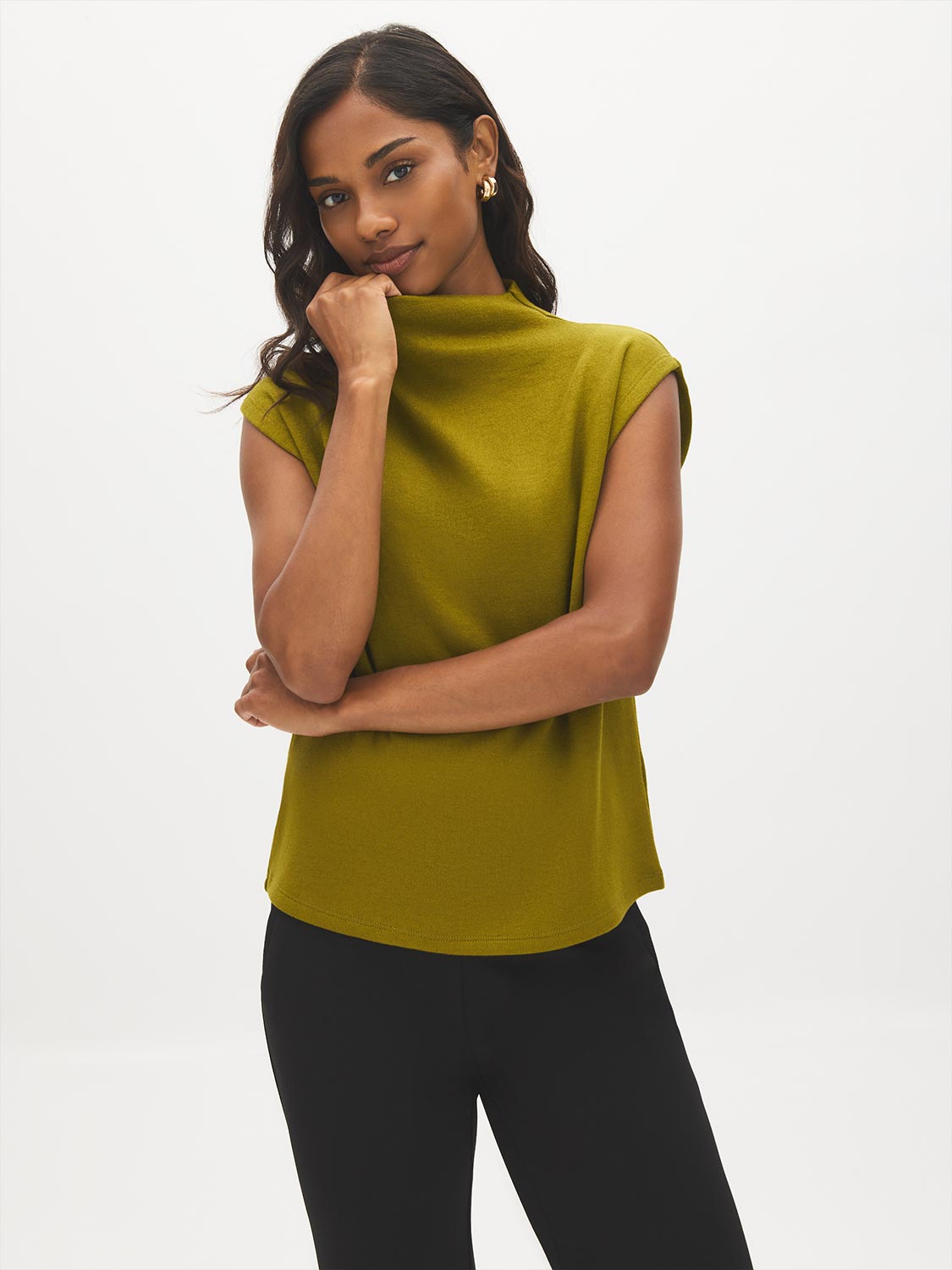 Guacamole Sleeveless Mock Neck Sweater Knit Top - Side Profile View - Suzy Shier