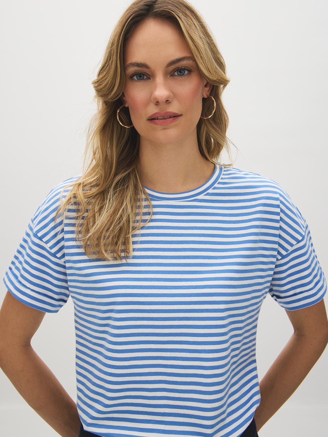 Blue Yonder Stripe Striped Cotton Crew Neck Tee - Woman Wearing Loose Fit Striped Tee - Suzy Shier