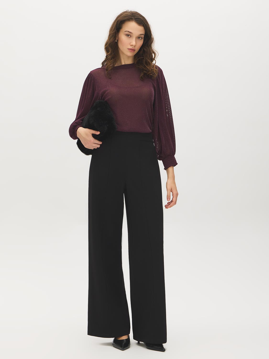 Winetasting Glitter Knit Top with Smocked Detail - Front View - Suzy Shier