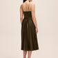 Khaki Satin Fit & Flare Dress with Cowl Neck - Woman Wearing Cocktail-Length Evening Dress - Le Chateau