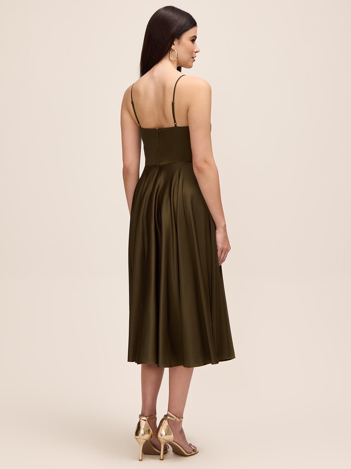 Khaki Satin Fit & Flare Dress with Cowl Neck - Woman Wearing Cocktail-Length Evening Dress - Le Chateau
