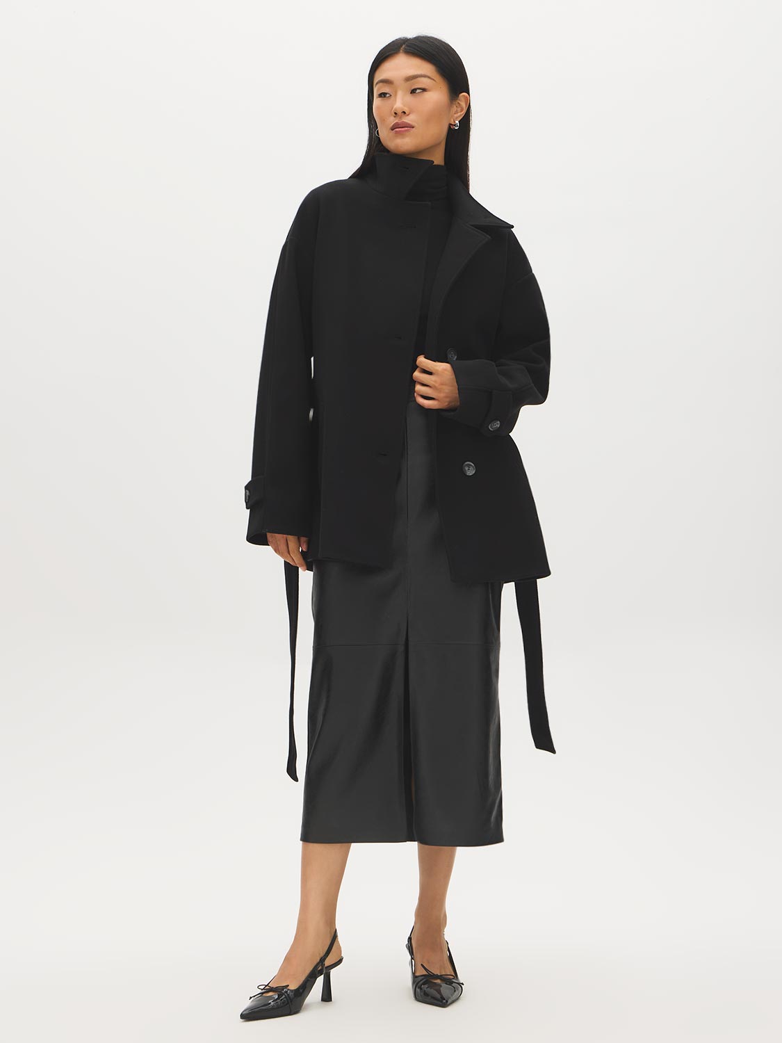 Taupe Melange Faux Wool Short Wrap Coat with Funnel Neck - Front View - Suzy Shier