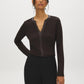 Coffee Bean Jacquard Knit Top with PU Trim - Woman Wearing Long Sleeve Notch Collar Top - Suzy Shier