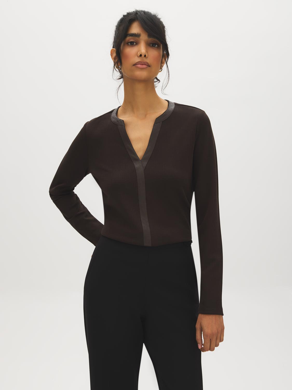 Coffee Bean Jacquard Knit Top with PU Trim - Woman Wearing Long Sleeve Notch Collar Top - Suzy Shier