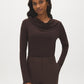 Coffee Bean Cowl Neck Mesh Top - Woman Wearing Long Sleeve Knit Top - Suzy Shier