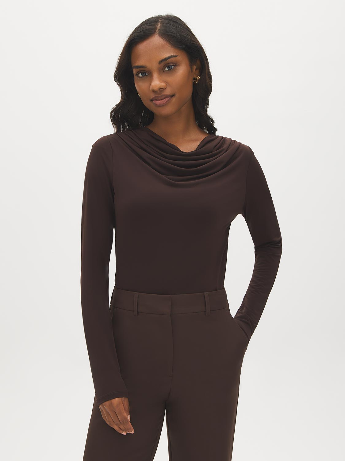 Coffee Bean Cowl Neck Mesh Top - Woman Wearing Long Sleeve Knit Top - Suzy Shier